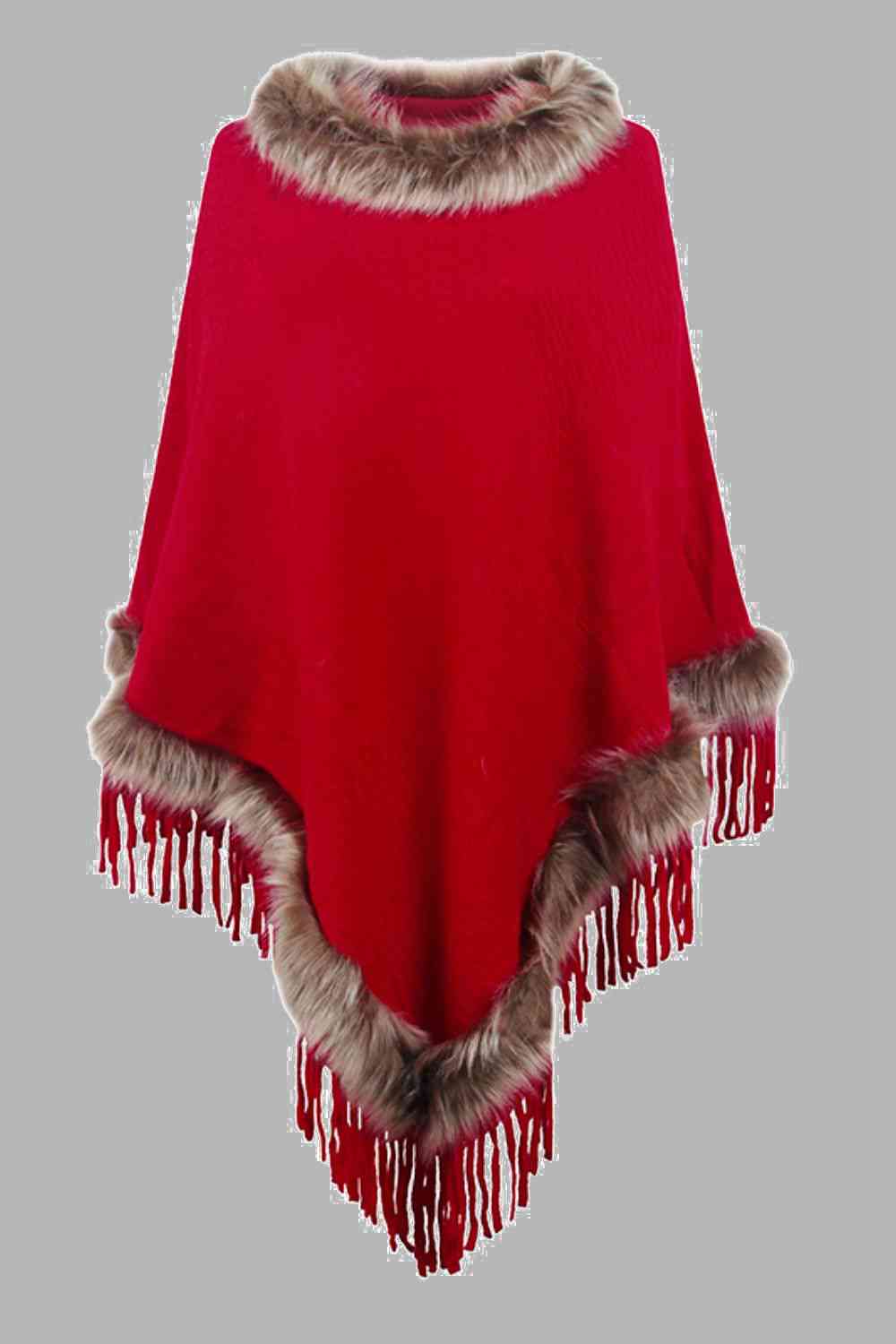 Diva Faux Fur Trim Fringed Poncho
