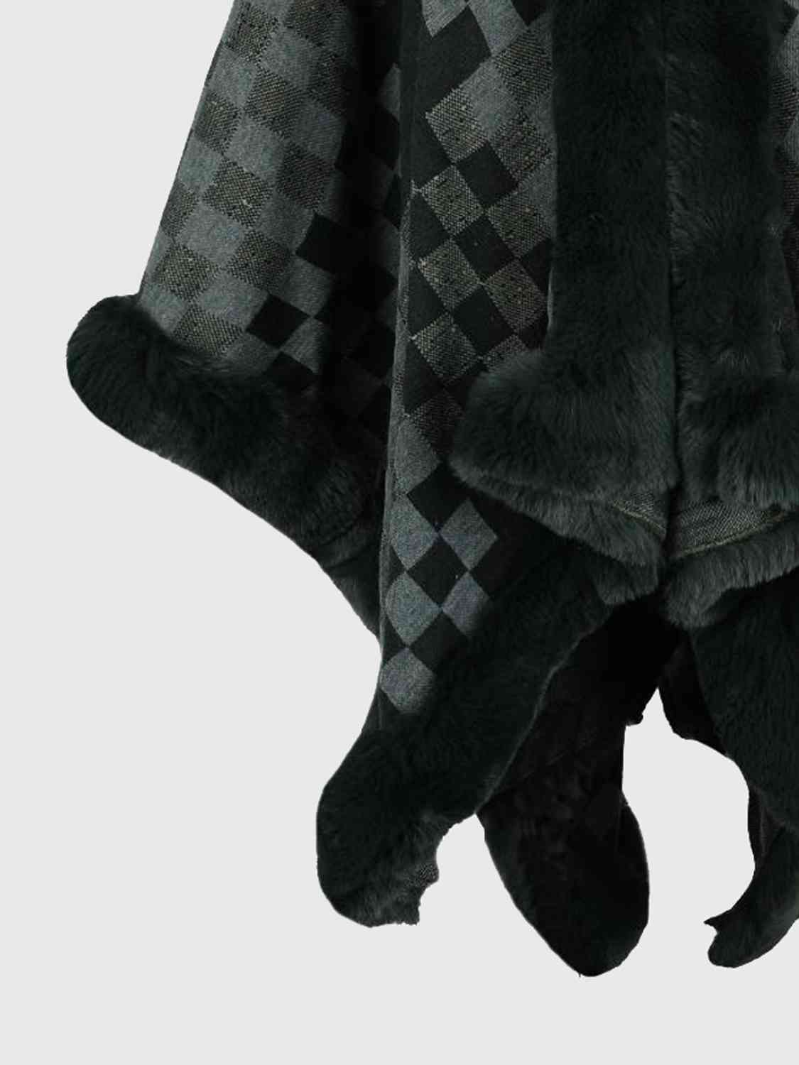 In Town For The Day Checkered Faux Fur Trim Poncho