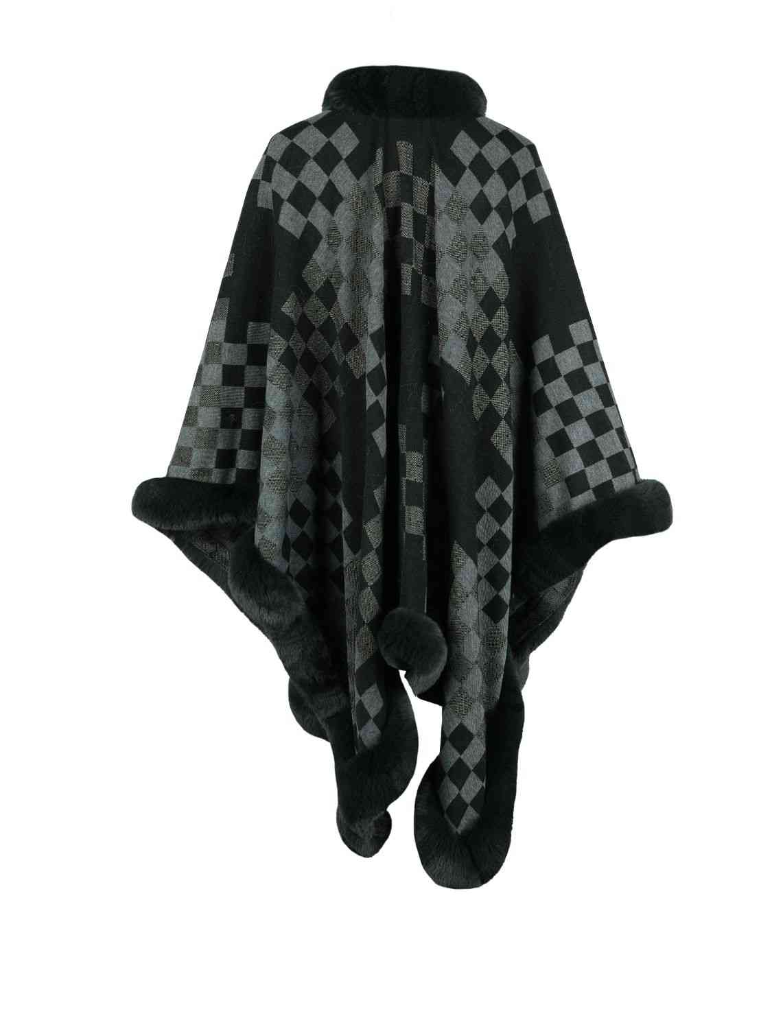 In Town For The Day Checkered Faux Fur Trim Poncho