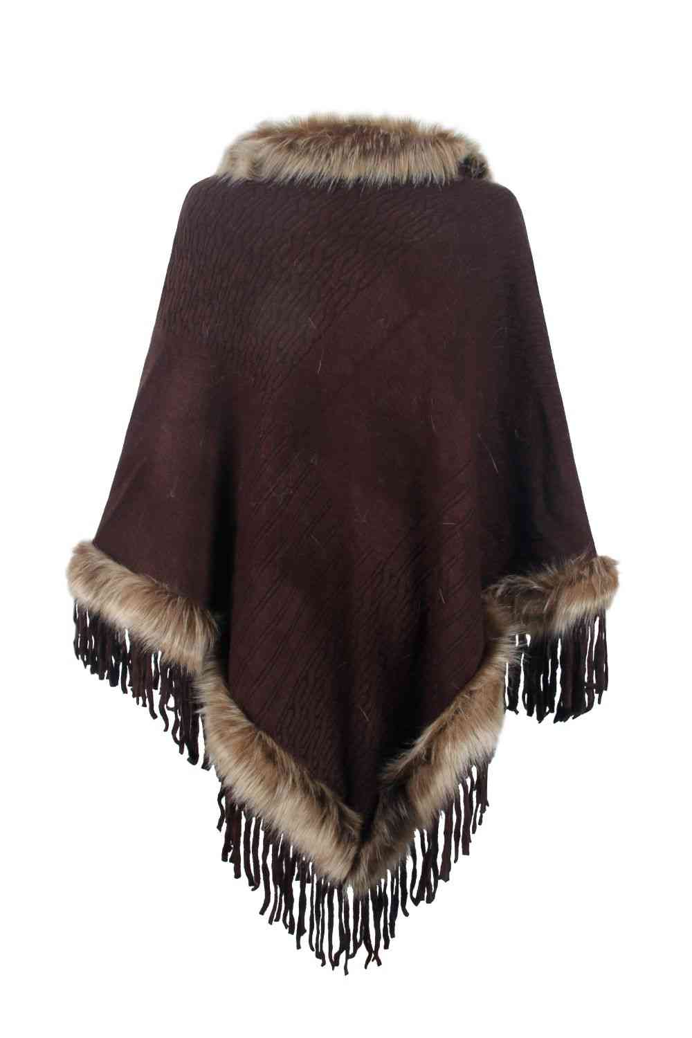 Diva Faux Fur Trim Fringed Poncho