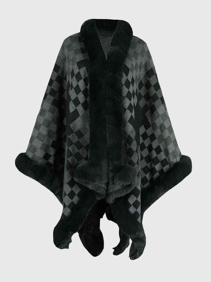 In Town For The Day Checkered Faux Fur Trim Poncho