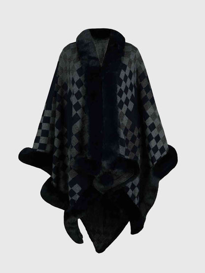 In Town For The Day Checkered Faux Fur Trim Poncho