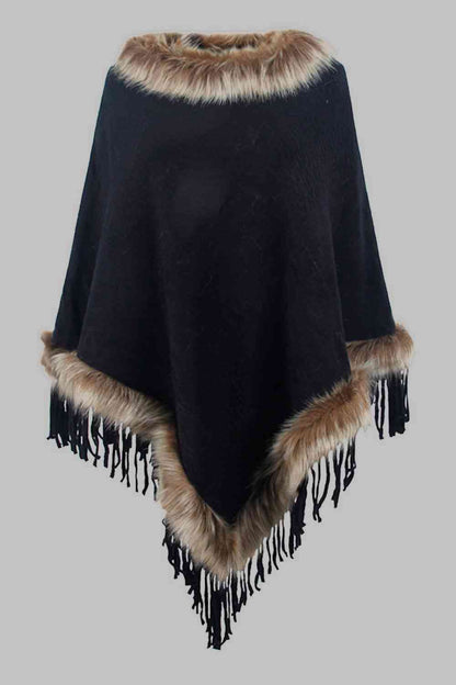 Diva Faux Fur Trim Fringed Poncho