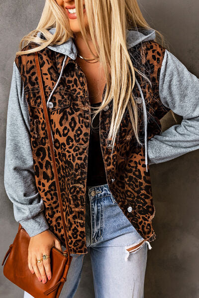 Leopard Me Crazy Distressed Drawstring Hooded Denim Jacket