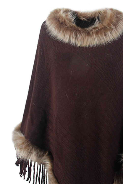 Diva Faux Fur Trim Fringed Poncho