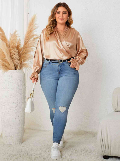 Day Shopping With The Girls Plus Size Surplice Neck Flounce Sleeve Blouse