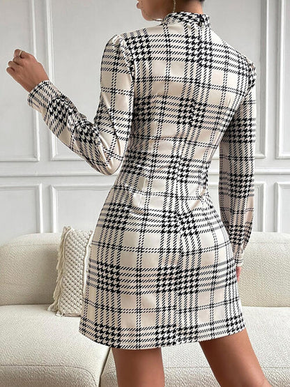 Dinner With The CEO Houndstooth Mock Neck Cinched Mini Dress