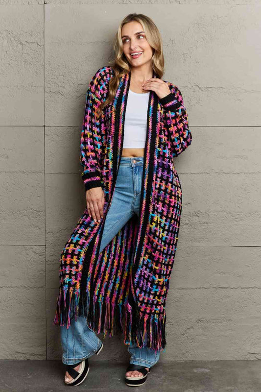 Infinite Multicolored Open Front Fringe Hem Cardigan
