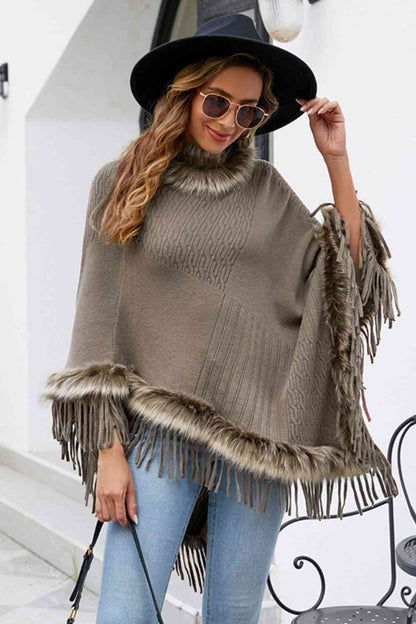 Diva Faux Fur Trim Fringed Poncho