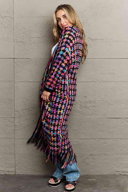 Infinite Multicolored Open Front Fringe Hem Cardigan