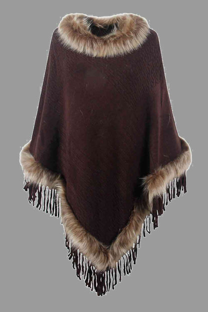 Diva Faux Fur Trim Fringed Poncho