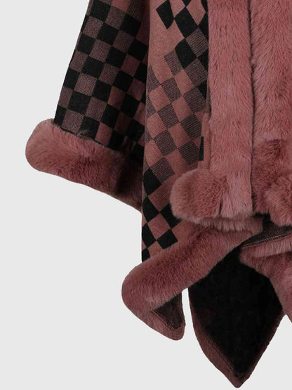 In Town For The Day Checkered Faux Fur Trim Poncho