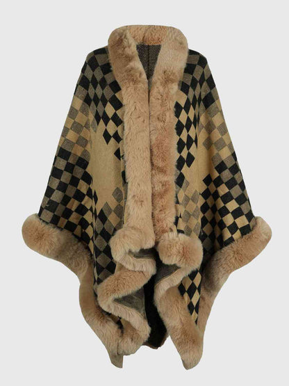 In Town For The Day Checkered Faux Fur Trim Poncho
