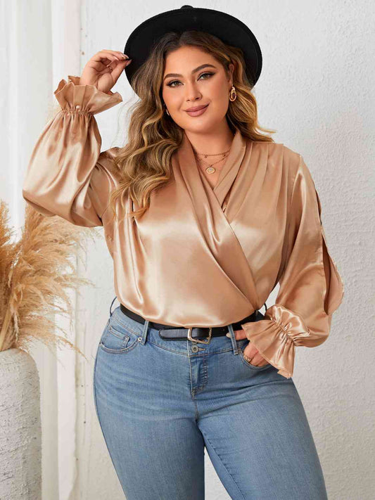 Day Shopping With The Girls Plus Size Surplice Neck Flounce Sleeve Blouse