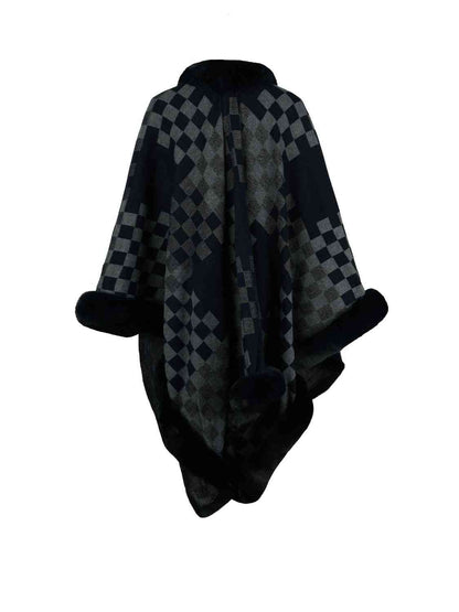 In Town For The Day Checkered Faux Fur Trim Poncho