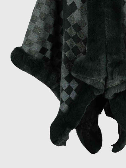 In Town For The Day Checkered Faux Fur Trim Poncho